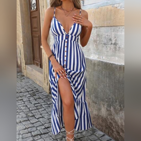 New Nautical Striped Ruffle Hem Long Dress White Blue - Picture 3 of 8